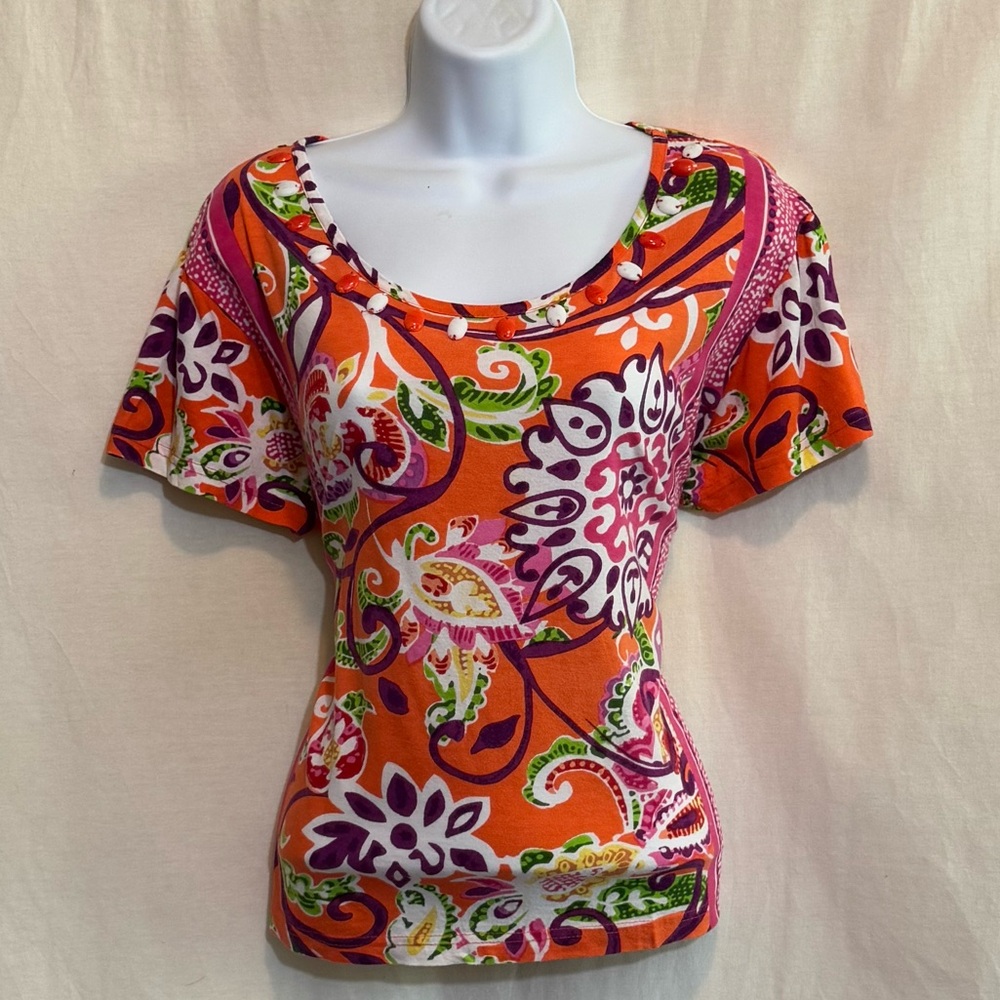 F-194 Choices Colorful Beaded Detail Shortβ Sleeve Pullover Blouse Size L